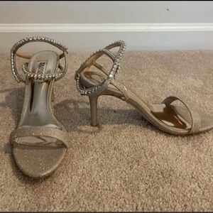 SALE Badgley Mischka Gold Jewel Embellished Open Toe Ankle Strap Heels Size 8.5